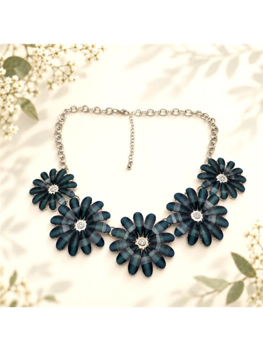 Green Black Plaid Flower Bib Necklace Clear Crystal Silver Tone 20 In